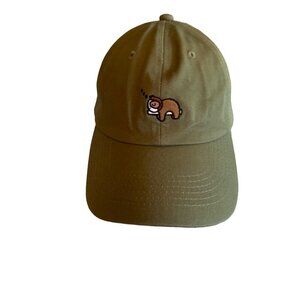 Olive Green Baseball Cap With Embroidered Sloth Design & Adjustable Strap